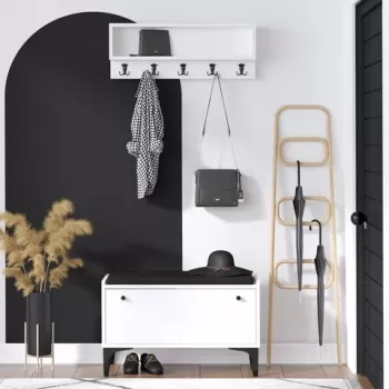 Pantofar si cuier, Emerald, Scoty, pal melaminat, alb/negru imagine