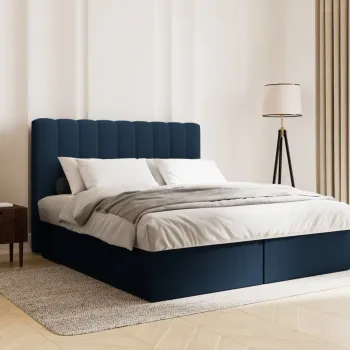 Pat continental cu tablie si lada depozitare + topper 4 cm + saltea 14 cm, Kelp-138, Micadoni Home, 140x200 cm, tesatura structurata chenille, albastru regal imagine