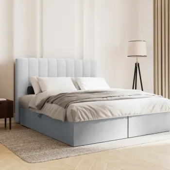 Pat continental cu tablie si lada depozitare + topper 4 cm + saltea 14 cm, Kelp-138, Micadoni Home, 140x200 cm, tesatura structurata chenille, gri deschis imagine