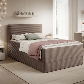 Pat continental tapitat cu lada depozitare, 120x200 cm, ELTAP, Alamito, lemn/poliester, maro deschis imagine