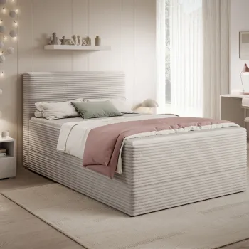 Pat continental tapitat cu lada depozitare, 140x200 cm, ELTAP, Alamito, lemn/poliester, alb murdar imagine