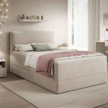 Pat continental tapitat cu lada depozitare, 140x200 cm, ELTAP, Alamito, lemn/poliester, bej deschis imagine