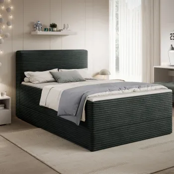 Pat continental tapitat cu lada depozitare, 140x200 cm, ELTAP, Alamito, lemn/poliester, verde inchis imagine