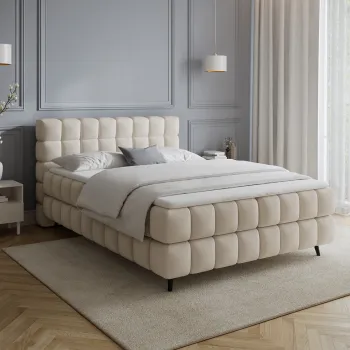 Pat continental tapitat cu lada depozitare, 140x200 cm, ELTAP, Sabeno, lemn/poliester, bej imagine