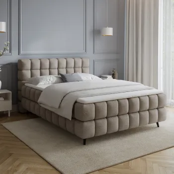 Pat continental tapitat cu lada depozitare, 140x200 cm, ELTAP, Sabeno, lemn/poliester, bej inchis imagine