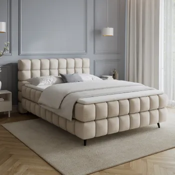 Pat continental tapitat cu lada depozitare, 160x200 cm, ELTAP, Sabeno, lemn/poliester, bej deschis imagine