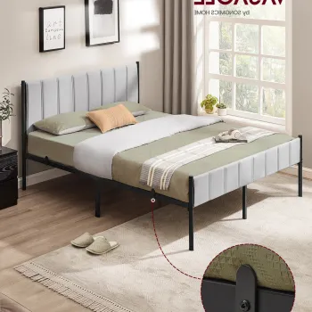 Pat dublu cu tablie tapitata, Vasagle, 160x200 cm, max 500 kg, otel/poliester, gri imagine