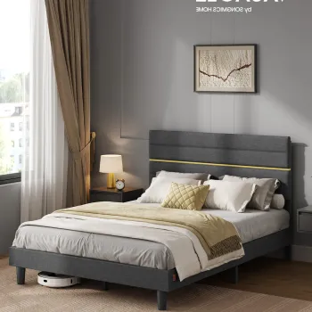 Pat dublu tapitat cu tablie reglabila, Vasagle, 140x200 cm, otel/imitatie in, gri imagine