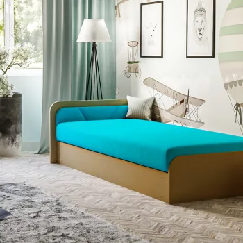 Pat pentru camera copilului, deschidere dreapta, 80x190 cm, ELTAP, PS-01, Parys, lemn/poliester, natur/albastru deschis imagine