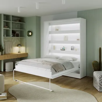 Pat rabatabil vertical cu biblioteca si iluminare LED, 160x200 cm, ELTAP, Devesto, PAL/metal, alb imagine
