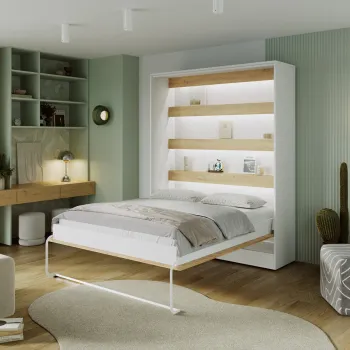 Pat rabatabil vertical cu biblioteca si iluminare LED, 160x200 cm, ELTAP, Devesto, PAL/metal, alb/natur imagine