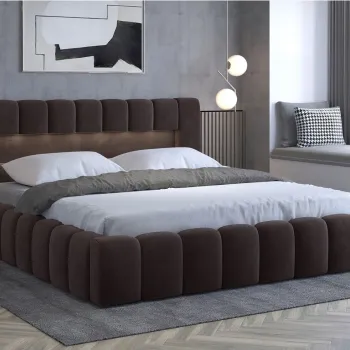 Pat tapitat cu somiera rabatabila si lada depozitare, 140x200 cm, ELTAP, Lamica, metal/poliester, maro inchis imagine