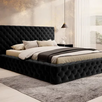 Pat tapitat cu somiera rabatabila si lada depozitare, 140x200 cm, ELTAP, Princce, metal/poliester, negru imagine