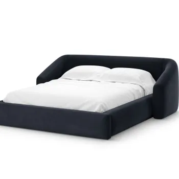 Pat tapitat cu somiera rabatabila si lada depozitare, 140x200 cm, Windsor & Co, Halo, catifea, albastru inchis imagine
