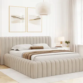 Pat tapitat cu somiera rabatabila si lada depozitare, 160x200 cm, ELTAP, 18SO-1.6, Carilla, metal/poliester, bej deschis imagine