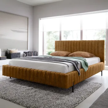 Pat tapitat cu somiera rabatabila si lada depozitare, 160x200 cm, ELTAP, Plissa, metal/poliester, camel imagine