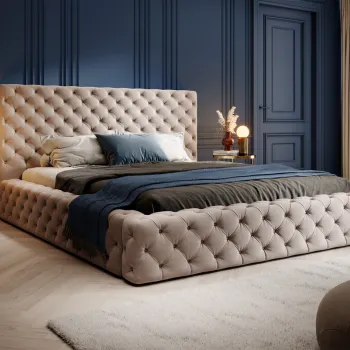 Pat tapitat cu somiera rabatabila si lada depozitare, 160x200 cm, ELTAP, Princce, metal/poliester, bej imagine