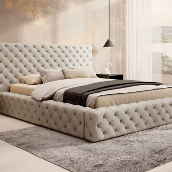 Pat tapitat cu somiera rabatabila si lada depozitare, 160x200 cm, ELTAP, Princce, metal/poliester, bej sand imagine