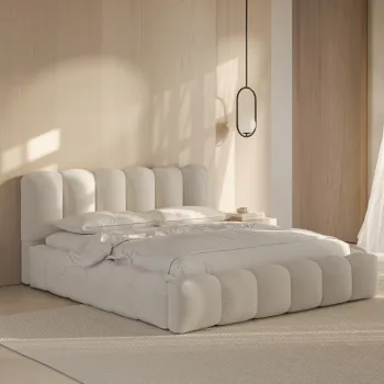 Pat tapitat cu somiera rabatabila si lada depozitare, 160x200 cm, Micadoni Home, Lupine-138, tesatura structurata chenille, bej deschis imagine