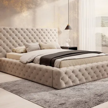 Pat tapitat cu somiera rabatabila si lada depozitare, 180x200 cm, ELTAP, Princce, metal/poliester, bej inchis imagine