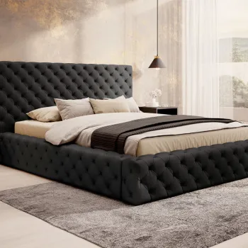 Pat tapitat cu somiera rabatabila si lada depozitare, 180x200 cm, ELTAP, Princce, metal/poliester, negru deschis imagine