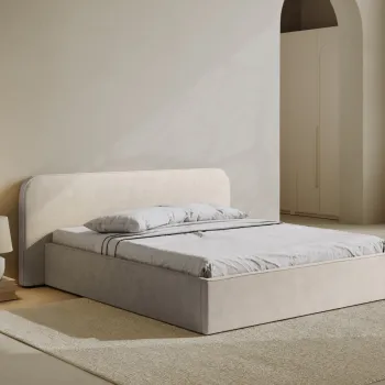 Pat tapitat cu somiera rabatabila si lada depozitare, 180x200 cm, Micadoni Home, Elizabeth-68, tesatura structurata chenille, bej imagine