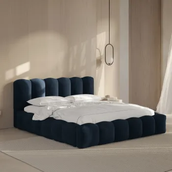 Pat tapitat cu somiera rabatabila si lada depozitare, 200x200 cm, Micadoni Home, Lupine-88, catifea, albastru inchis imagine