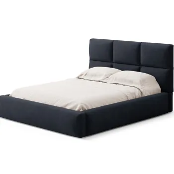 Pat tapitat cu somiera rabatabila si lada depozitare, 200x200 cm, Windsor & Co, Libera, catifea, albastru inchis imagine