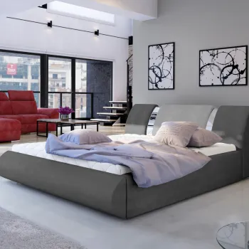 Pat tapitat cu somiera si lada depozitare, 140x200 cm, ELTAP, Flavio, lemn/poliester, gri inchis/gri deschis imagine