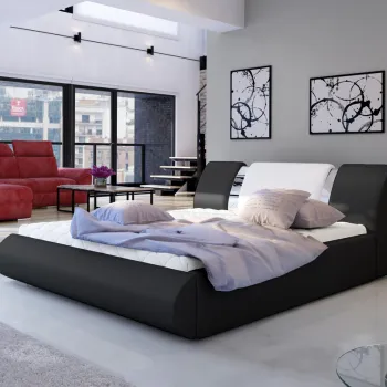 Pat tapitat cu somiera si lada depozitare, 140x200 cm, ELTAP, Flavio, lemn/poliester, negru/alb imagine