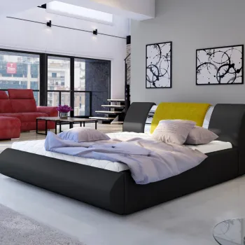 Pat tapitat cu somiera si lada depozitare, 140x200 cm, ELTAP, Flavio, lemn/poliester, negru/galben imagine