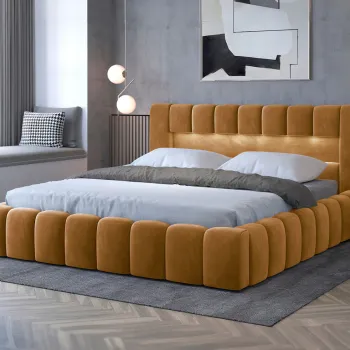 Pat tapitat cu somiera si lada depozitare, 140x200 cm, ELTAP, Lamica, lemn/poliester, mustar imagine