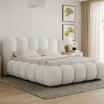Pat tapitat cu somiera si lada depozitare, 140x200 cm, ELTAP, Oloroso, lemn/tesatura boucle, alb imagine