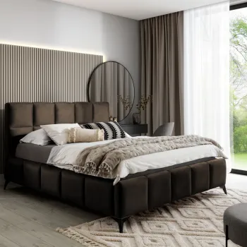 Pat tapitat cu somiera si lada depozitare, 160x200 cm, ELTAP, BE-MIS-22NU, Mist, lemn/poliester, maro inchis imagine