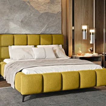 Pat tapitat cu somiera si lada depozitare, 160x200 cm, ELTAP, BE-MIS-50PO, Mist, lemn/poliester, galben imagine