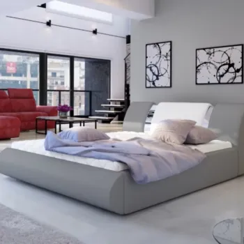 Pat tapitat cu somiera si lada depozitare, 160x200 cm, ELTAP, Flavio, lemn/poliester, gri/alb imagine