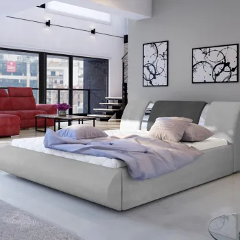 Pat tapitat cu somiera si lada depozitare, 160x200 cm, ELTAP, Flavio, lemn/poliester, gri deschis/gri inchis imagine