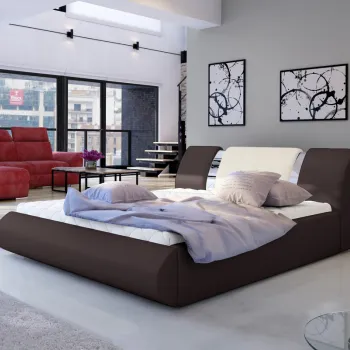 Pat tapitat cu somiera si lada depozitare, 160x200 cm, ELTAP, Flavio, lemn/poliester, maro/bej imagine