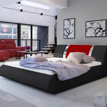 Pat tapitat cu somiera si lada depozitare, 160x200 cm, ELTAP, Flavio, lemn/poliester, negru/rosu imagine