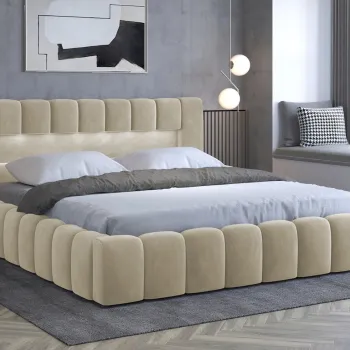 Pat tapitat cu somiera si lada depozitare, 160x200 cm, ELTAP, Lamica, lemn/poliester, bej imagine