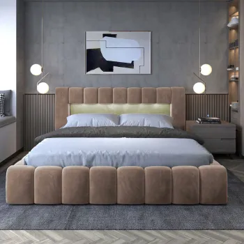 Pat tapitat cu somiera si lada depozitare, 160x200 cm, ELTAP, Lamica, lemn/poliester, maro deschis imagine