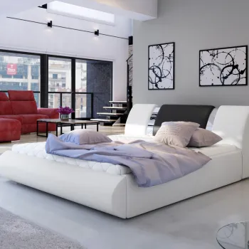 Pat tapitat cu somiera si lada depozitare, 180x200 cm, ELTAP, Flavio, lemn/poliester, alb/negru imagine