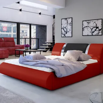 Pat tapitat cu somiera si lada depozitare, 180x200 cm, ELTAP, Flavio, lemn/poliester, rosu/negru imagine