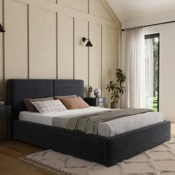 Pat tapitat cu somiera si lada depozitare, 180x200 cm, ELTAP, Pesillo, lemn/poliester, negru imagine