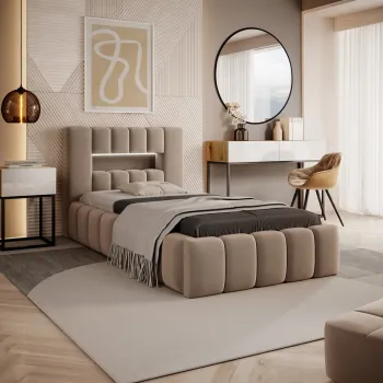 Pat tapitat cu somiera si lada depozitare, 90x200 cm, ELTAP, Lamica, lemn/poliester, maro deschis imagine