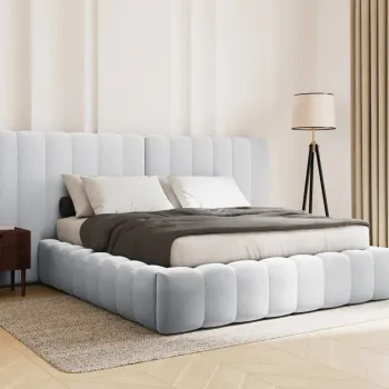 Pat tapitat cu tablie dubla, somiera rabatabila si lada depozitare, Kelp-138, Micadoni Home, 160x200 cm, tesatura structurata chenille, gri deschis imagine