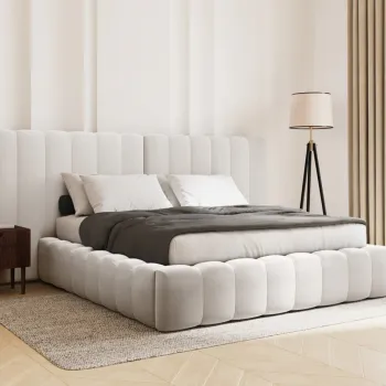 Pat tapitat cu tablie dubla, somiera rabatabila si lada depozitare, Kelp-138, Micadoni Home, 200x200 cm, tesatura structurata chenille, bej imagine