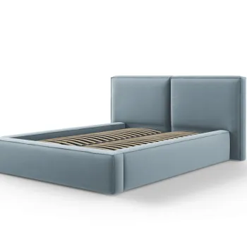 Pat tapitat cu tablie si lada depozitare, Jodie, Micadoni Home, BL, 140x200 cm, catifea, albastru deschis imagine