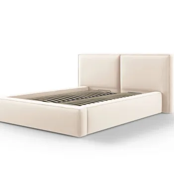 Pat tapitat cu tablie si lada depozitare, Jodie, Micadoni Home, BL, 140x200 cm, catifea, bej deschis imagine