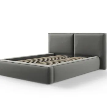 Pat tapitat cu tablie si lada depozitare, Jodie, Micadoni Home, BL, 140x200 cm, catifea, gri deschis imagine